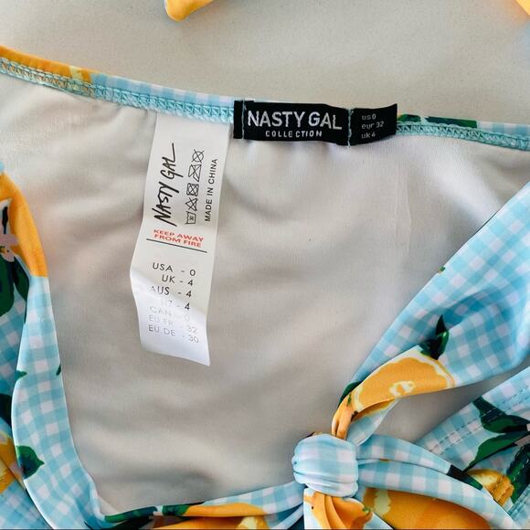 NEW NASTY GAL Blue White Gingham Lemon Plaid High Rise Vintage Cut Swim Bikini 0 - Picture 5 of 10